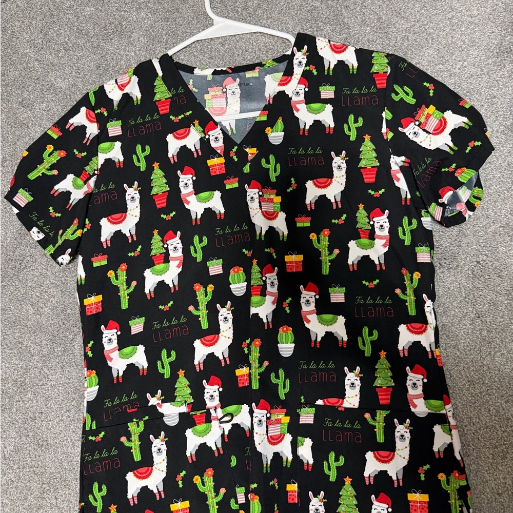 Festive Llama Print Scrub Top